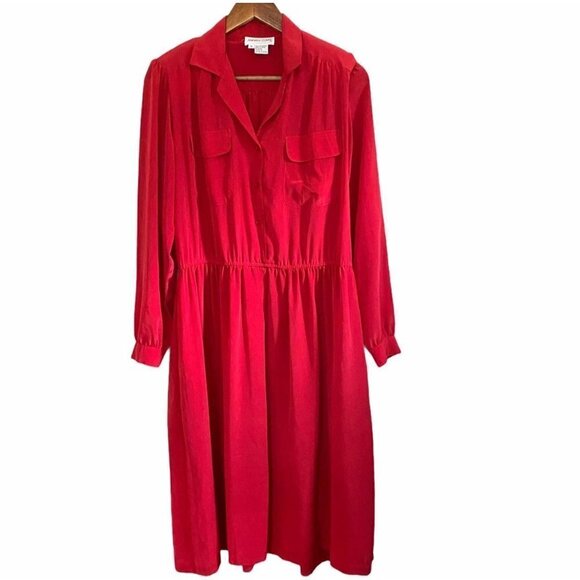 Vintage Red Button Long Sleeve Pockets Midi Dress - Picture 1 of 7